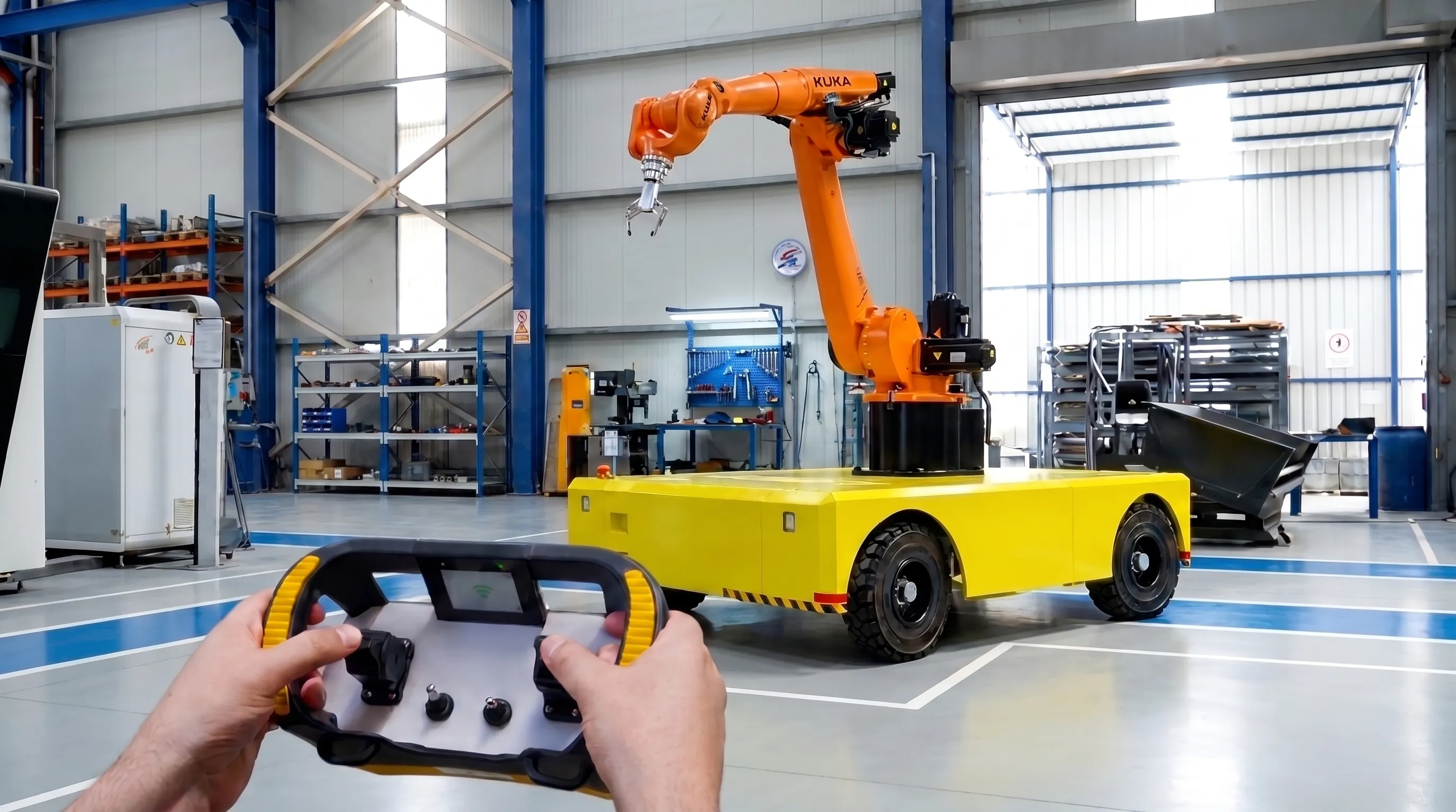 A yellow electric platform transporter in a workshop with an industrial robot arm mounted on its deck, being driven by an operator holding a handheld radio control unit in the foreground.
