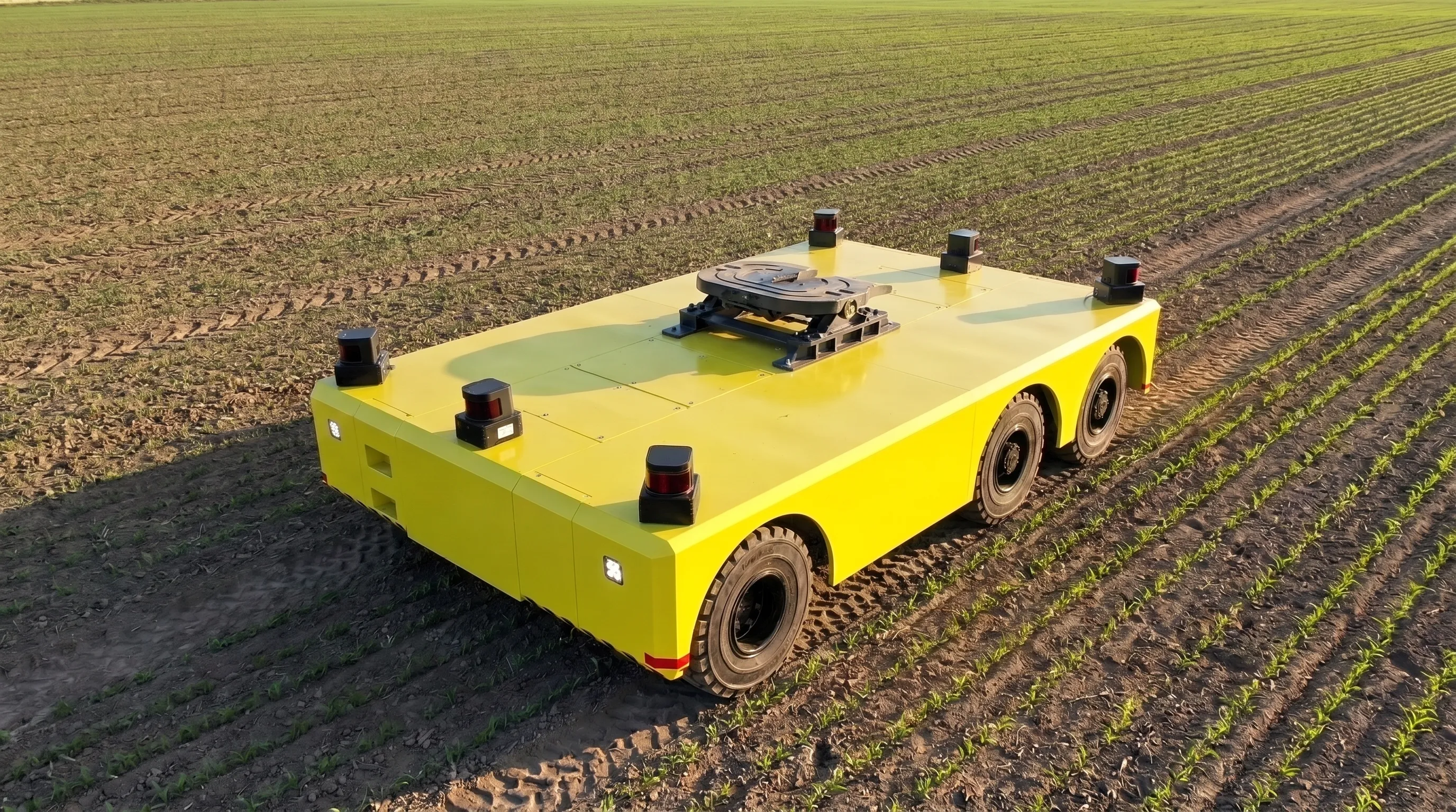 A yellow electric platform transporter standing on cultivated ground, with a flat deck, sensor heads set round the edge of it and a turntable at the centre of the deck.