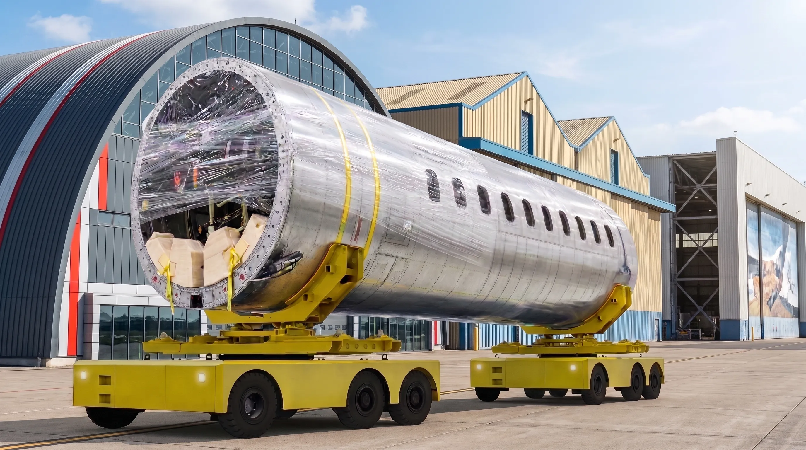 Two yellow remote controlled platform transporters carrying a wrapped aircraft fuselage section between them outside a hangar.