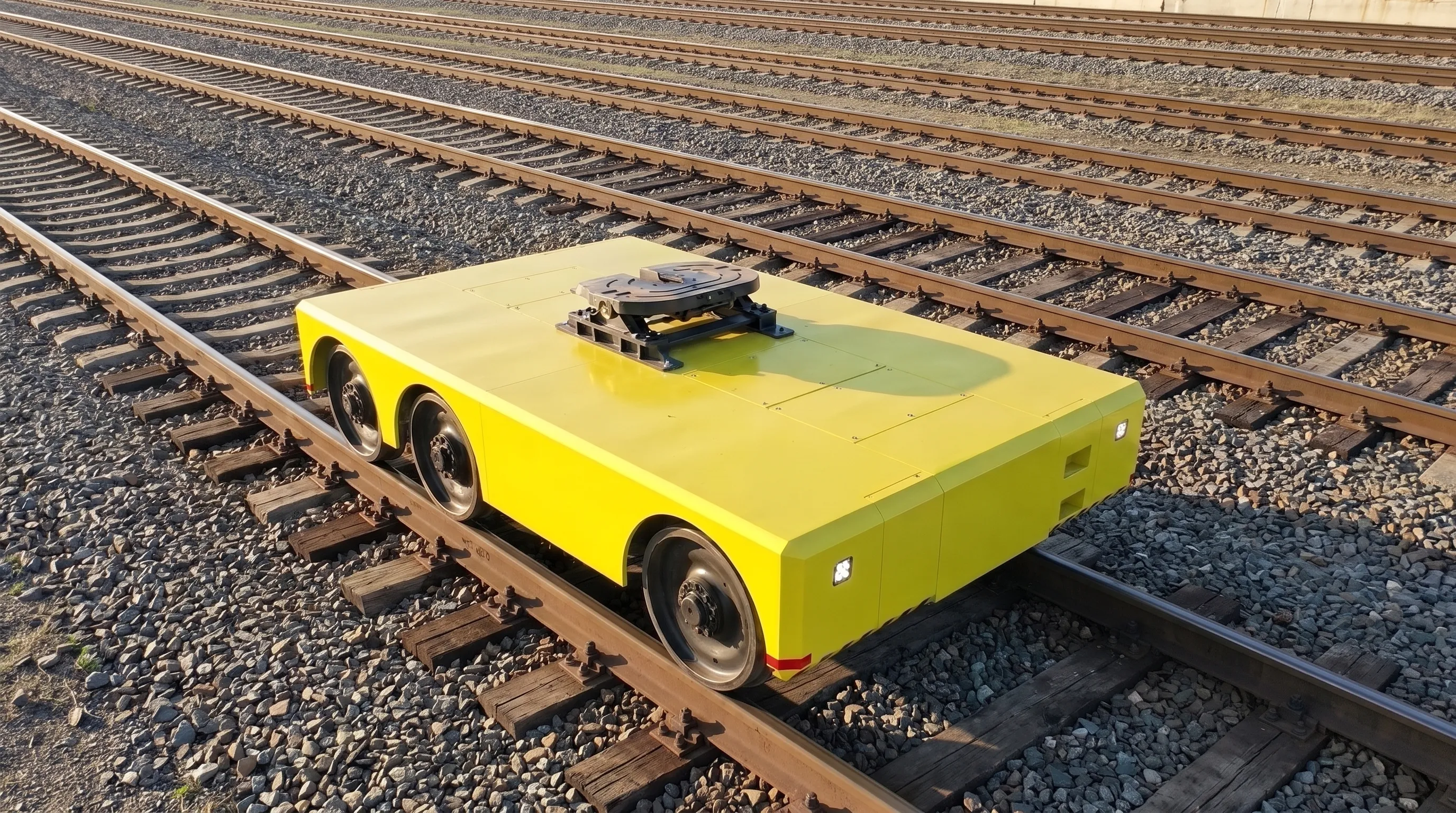 A yellow electric platform transporter with a flat deck and a turntable at the centre of it, standing on railway track in a yard with many parallel tracks behind it.